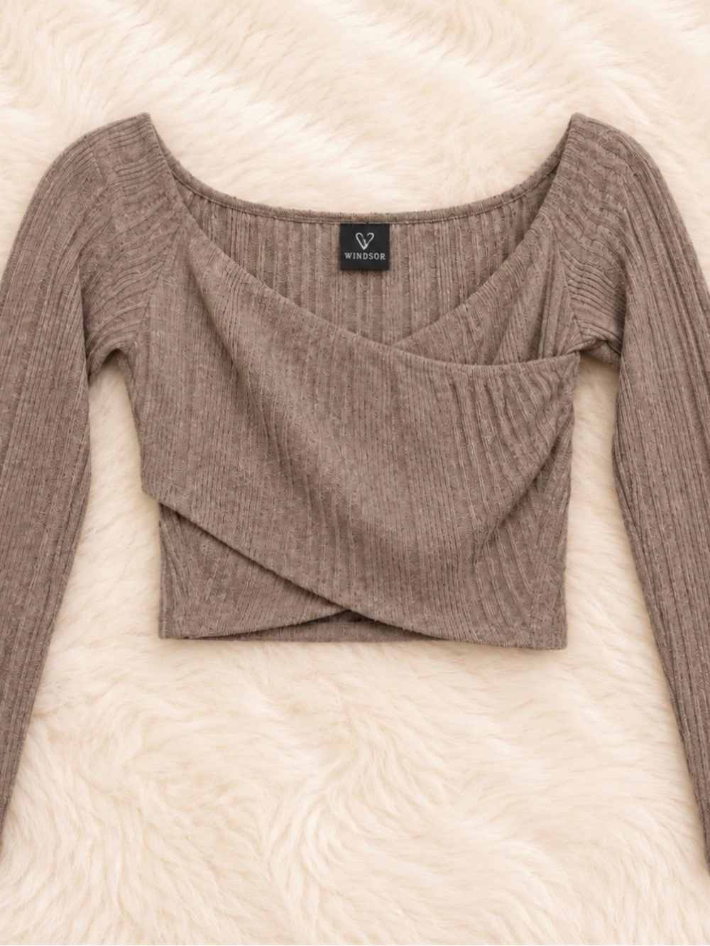 Windsor Taupe Off-Shoulder Ribbed Wrap Sweater